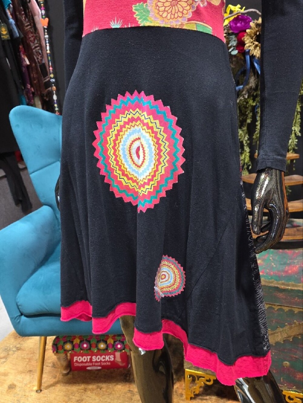 Desigual Black and Red Long-Sleeve Fit & Flare Dress with Multicolor Bodice - Picture 5 of 12